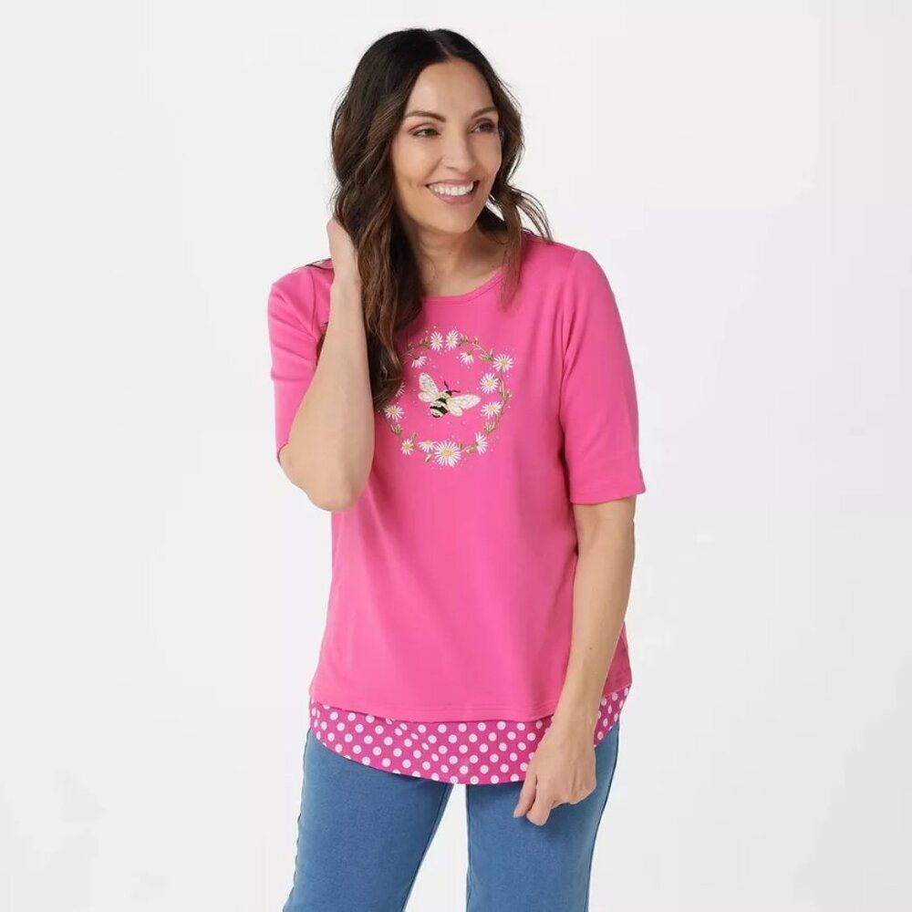 Quacker Factory Hot Pink Layered Tunic with Polka Dot Hem and Bee Embroidery